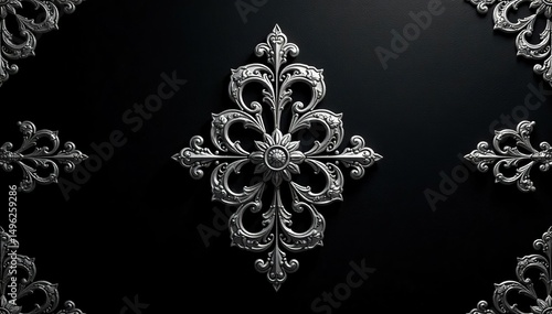 Symmetrical arabesque damask design, silver on black, high contrast , graphics, fabric, background