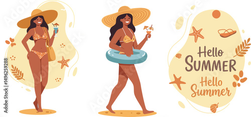 Women in summer bikinis with sun hats enjoying ice cream on beach with summer greeting vector illustration 