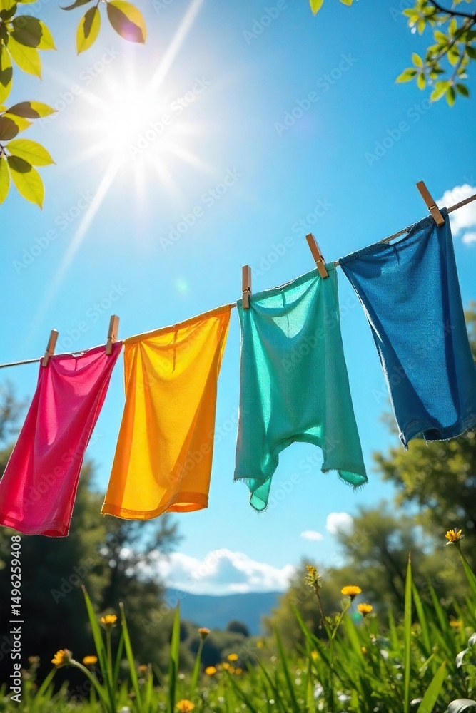 custom made wallpaper toronto digitalBrightly colored laundry hangs drying on a clothesline under a vibrant summer sun A cheerful scene of fresh, clean laundry waving gently in the breeze on a perfect sunny day , pleasant, sunny