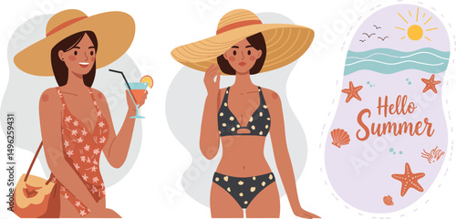 Woman in yellow swimsuit and wide hat drinking cocktail and woman in star swimsuit with wide hat on summer beach vector illustration 