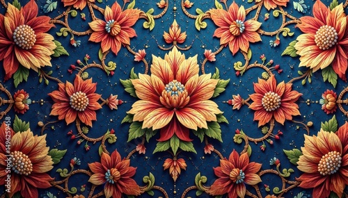 Intricate floral damask, woven textile texture, linen, background
