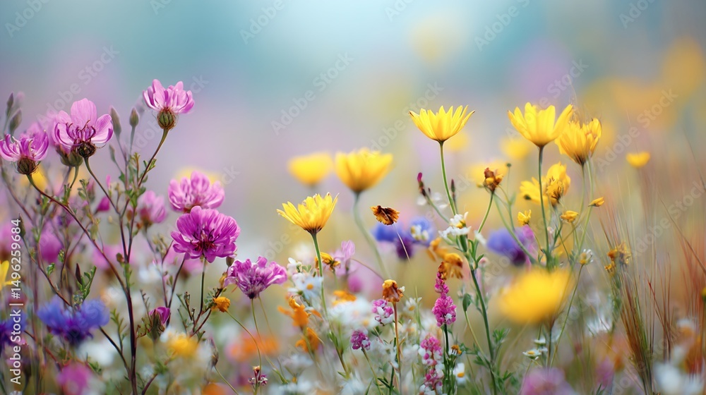 Fototapeta premium Wildflower Meadow with Pink and Yellow Blossoms