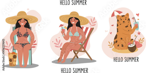 A woman sips her drink and says hello to summer while lying on a sun lounger