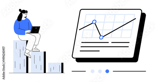 Woman sits on stylized bar chart using laptop near a line chart with data points and grid. Ideal for business analysis, growth tracking, data visualization, market trends, reports, strategy, simple