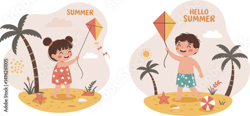 Children flying kites on tropical beach with palm trees and summer theme vector illustration 