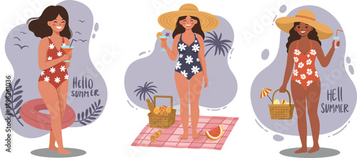 Women in colorful swimsuits enjoying summer beach vibes with sun hats and baskets vector illustration 