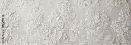 Intricate white damask floral wallpaper, elegant design , ornate, vintage