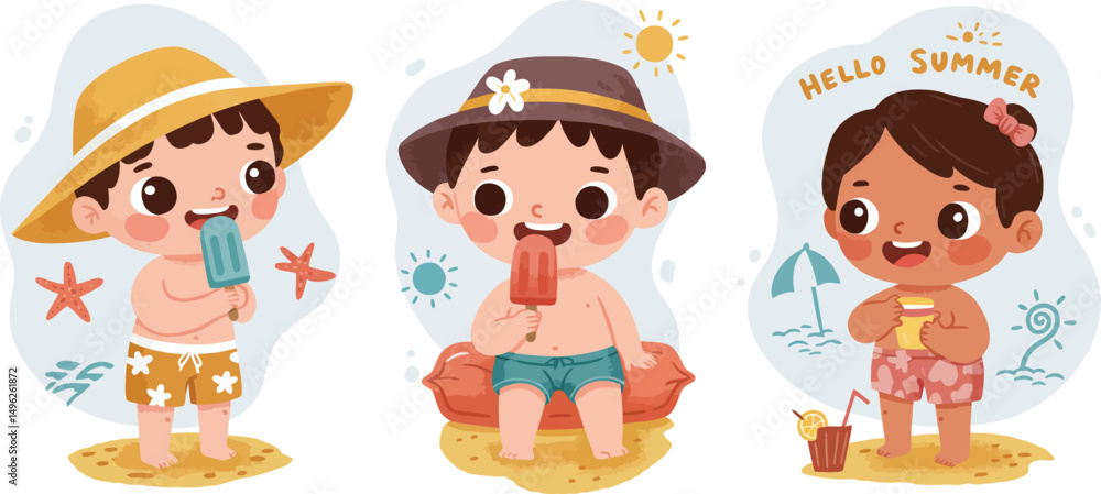 Obraz premium Three cute kids enjoying summer beach holiday with hats ice cream and sand toys cheerful scene