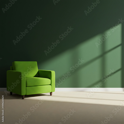 A vibrant green armchair sits against a dark green wall with striking sunlight shadows, perfect for minimalist interior design concepts, modern furniture ads, or serene lifestyle content.