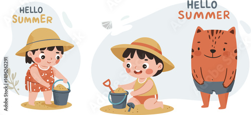 Children playing on the beach with bucket and shovel and smiling cat character in summer vector illustration 