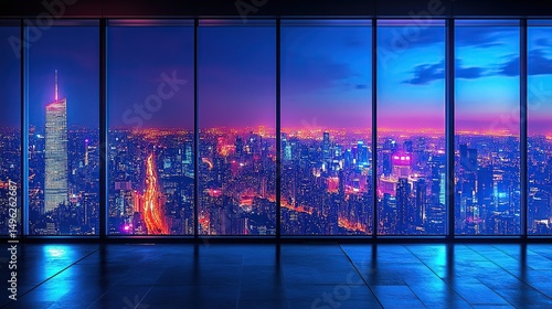 Cityscape view from a modern office high-rise at night