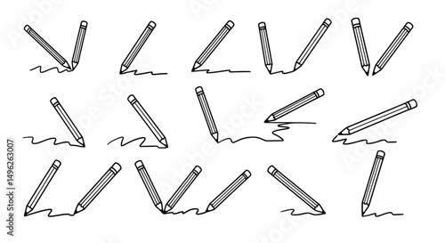 Pencil Sketch: A series of pencil sketches showcase various angles and positions, each meticulously illustrating a single pencil in action, ideal for projects requiring an artistic.