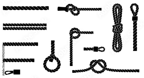 Rope Elements Silhouette: A set of rope illustrations perfect for nautical designs and DIY projects. Rope elements with black and white contrasting colors, isolated on a white background.