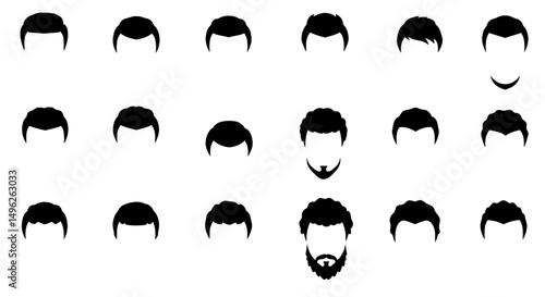 Men Hairstyle Icon Set: A collection of diverse men's hairstyles icons, including various haircuts and beard styles, presented in a simple, clean, and minimalist style, perfect for hair salons.