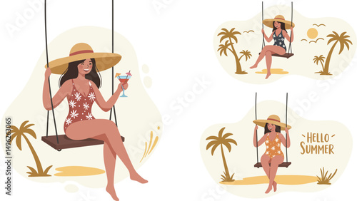 Woman in swimsuit swinging on beach swing with cocktail palm trees and summer vibe illustration 