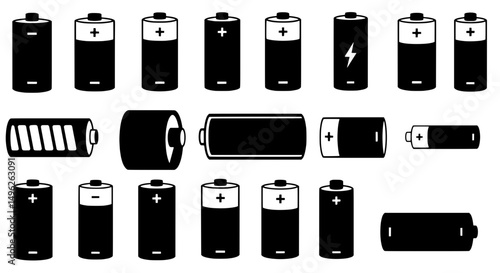 Power Cell Array: An assortment of energy cells in monochrome, showcasing various types of cylindrical batteries, all standing as a representation of the world's energy.