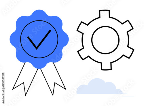Certification badge with checkmark, gear symbol, and small cloud element. Ideal for quality assurance, process optimization, certification, reliability, productivity, service standards simple