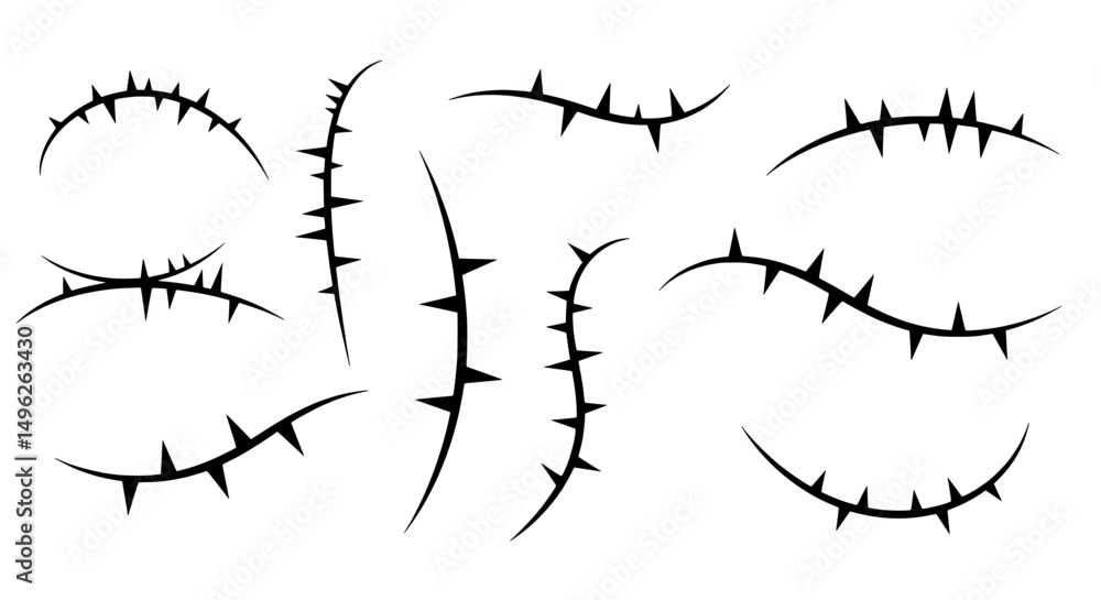 Obraz premium Barbed Wire Design: A collection of various design arrangements for stylized barbed wire, presented in a photorealistic and minimalist style, offering versatility for visual projects.