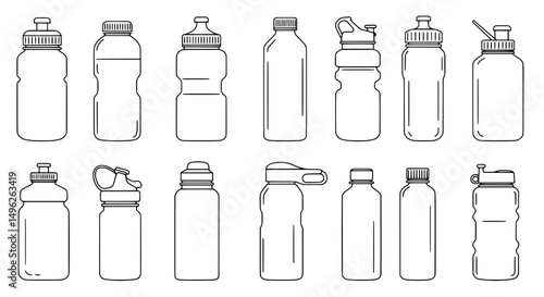 Hydration Selection: A collection of minimalist line-art illustrations showcasing a variety of sleek, reusable water bottles, perfect for any lifestyle.