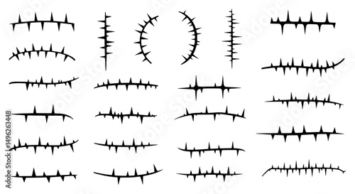 Set of Thorny Barbed Wire Designs: A stark collection of detailed, black-and-white illustrations showcasing the harsh beauty of thorny barbed wire in various arrangements.