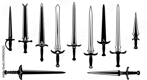 Collection of Swords: A collection of 10 different swords with different styles, shapes and lengths. This collection includes a broadsword, a dagger, a longsword, a saber, a scimitar, and more.