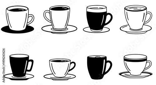 Wallpaper Mural Coffee Cup Set: A set of coffee cup icons, perfect for a website, blog, or app design, showing various styles and sizes of coffee cups with and without saucers. Torontodigital.ca