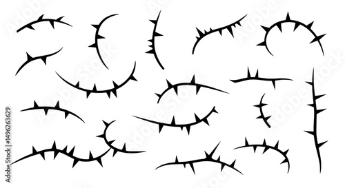 Barbed Thorns Silhouette: A collection of intricate, dark silhouette illustrations of individual barbed thorns, perfect for adding a touch of edgy detail to any design. 
