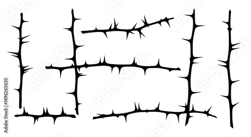 Thorny Barbed Branches: A stark, high-contrast graphic captures the intricate silhouettes of thorny, barbed branches, their sharp details hinting at nature's protective defenses.
