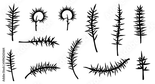 Branch and Twig Silhouettes Set: A set of ten elegant hand-drawn silhouettes of branches and twigs in black, offering an artful interpretation of nature for design projects.
