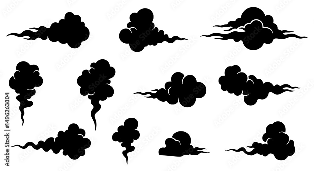 Naklejka premium Dark Cloud Silhouettes: A collection of vector illustrations showcasing dark cloud silhouettes, perfect for adding a touch of drama to any design.