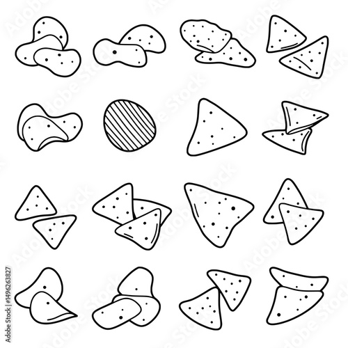 Crispy Chips Selection: A meticulously crafted monochrome graphic presents a diverse array of crunchy potato chips and triangular tortilla chips. Explore the subtle variations in texture and form.