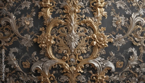 Opulent baroque wallpaper, gold & silver scrolls, floral details, design, luxury