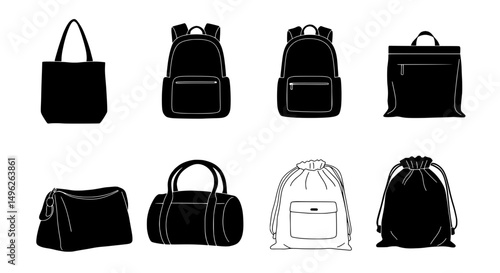 Black Bag Collection: A minimalist illustration showcases a diverse selection of bag designs, including a tote bag, backpack, duffel bag, and drawstring bag in sleek, solid black.