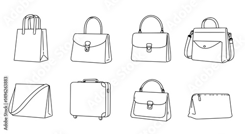 Bags Collection in Silhouette: This image offers a collection of different bags, including totes, handbags, and a suitcase, all depicted in simple line art for a clean, modern look.