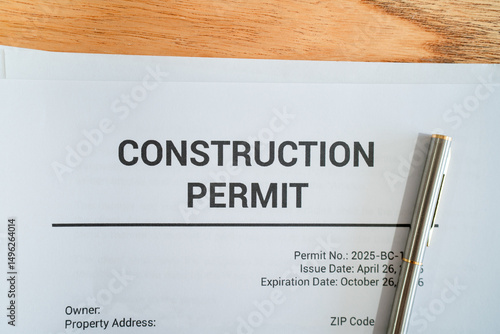 Close up of construction permit. Concept of permit for real estate development.