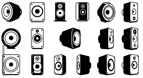 Audio Icon Collection: A series of vector icons representing various audio speaker designs in a minimalist, monochromatic style, suitable for representing audio technology.