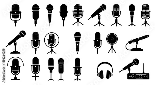 Audio Recording Equipment: A collection of meticulously designed microphones, including diverse types for professional audio recording, each element radiates clarity.