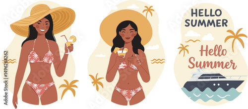 Woman in bikini with sunhat enjoying cocktail and summer cruise yacht with sun and palm trees vector illustration 
