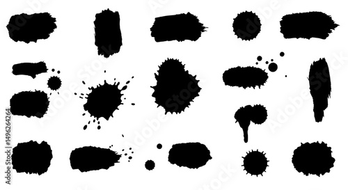 Ink Blot Art: A collection of black ink blots and paint splatters create a modern art composition, perfect for adding texture to design projects. 