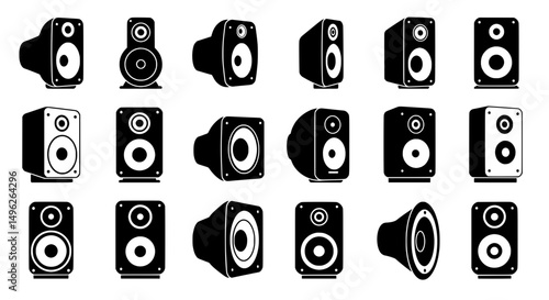 Audio Speaker Collection: A striking collection of various audio speakers, showcased in a minimalist style. Emphasizing their design and diversity.