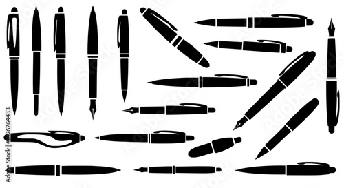 Pen Silhouette Collection: A clean, graphic array of meticulously crafted pen silhouettes, highlighting the diversity in writing tools, from elegant fountain pens to sleek ballpoints.