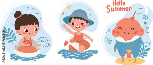 Children enjoying summer pool with hats and floaties holding ball and drink illustration vector 
