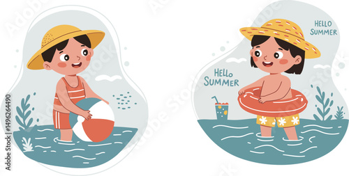 Woman relaxing on beach chair and sitting by campfire in summer hat with cocktail and marshmallows vector illustration 