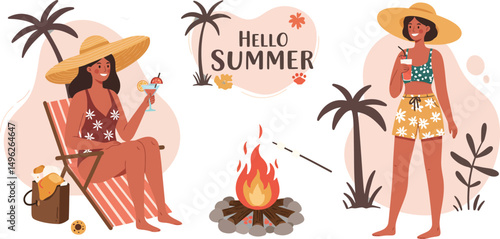 Two women relaxing on beach chairs enjoying drinks by campfire under palm trees summer vacation scene 
