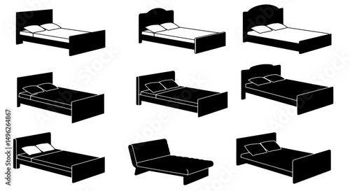 Bed Collection: A selection of minimalist bed silhouettes, showcasing various designs for bedroom decor and furniture.