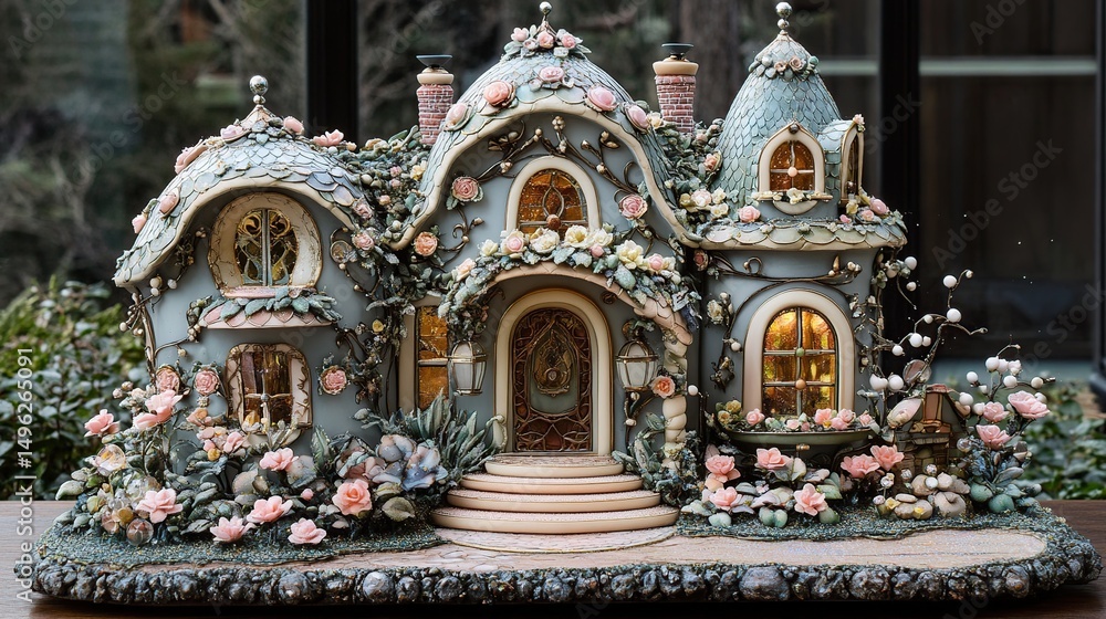 Fototapeta premium Detailed miniature fairy tale house, adorned with roses and intricate details