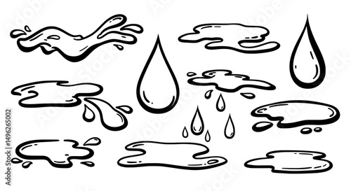 Water Drop Illustration: A monochrome illustration captures the essence of water drops in various forms, from a singular droplet to dynamic splashes and puddles.