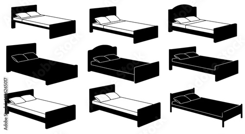 Bed Silhouette Assortment: A collection of meticulously crafted bed silhouettes, offering a versatile resource for design and interior concepts. Featuring an assortment of bedroom furniture.