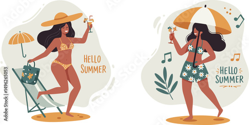 Women Relaxing on Towels Wearing Swimsuits and Sun Hats with Summer Vibes Vector Illustration 