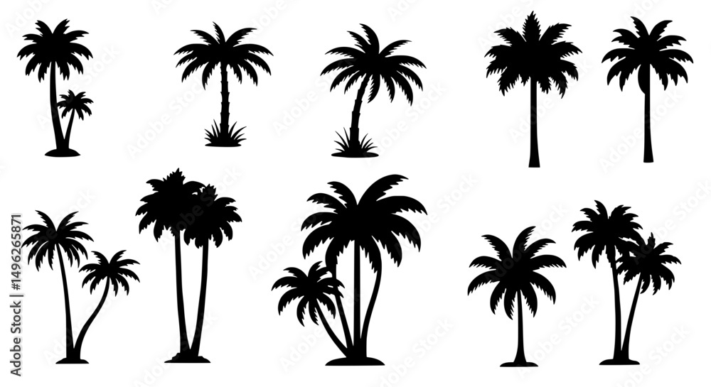 Palm Tree Silhouette Collection: A collection of elegantly designed palm tree silhouettes, ideal for design projects. evoking a sense of tropical serenity. Palm Tree Silhouette Collection: A collection of elegantly designed palm tree silhouettes, ideal for design projects. evoking a sense of tropical serenity.